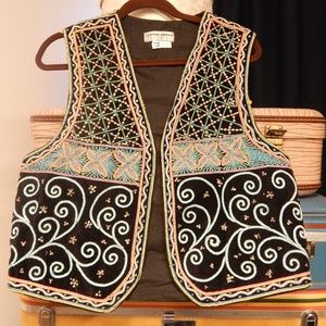 1980'S BOHO HIPPIE EMBROIDERED SEQUIN VELVET VEST